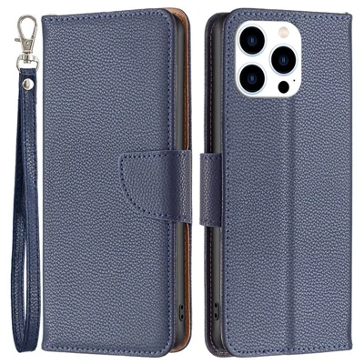 Capa Carteira para iPhone 14 Pro com Textura de Lichia, Capa de Couro com Tampa, Suporte e Alça - Azul Escuro