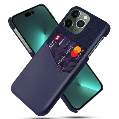 For iPhone 14 Pro Max 6.7 inch Shockproof Well-protected Card Slot Cloth Texture Phone Case PU Leather Coated Hard PC Shell - Blue