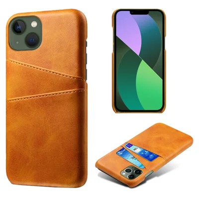Stootvaste telefoonhoes voor iPhone 14 Plus 6,7 inch, PU-leer beklede harde PC-telefoonhoes met twee kaartslots - Oranje