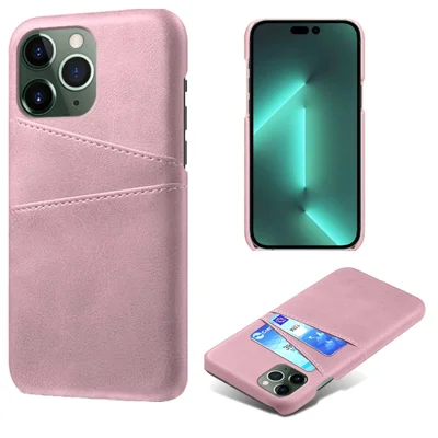 Handyhülle für iPhone 14 Pro 6.1 Zoll, PU-Leder beschichtet, harte PC-Schockfeste Doppel-Kartenfächer-Schale - Roségold