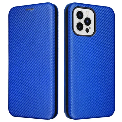 For iPhone 14 Pro Max 6.7 inch Anti-scratch Phone Cover with Card Slot Folio Stand Book Case Magnetic Absorption Carbon Fiber Texture PU Leather Flip Cover - Blue
