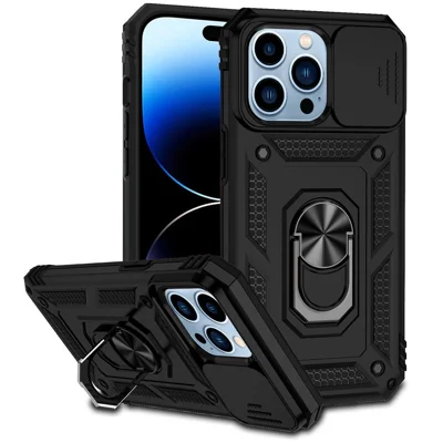 For iPhone 14 Pro 6.1 inch Hard PC + Soft TPU Rotary Kickstand Case Anti-fall Phone Cover with Slide Camera Protection Cover - Black