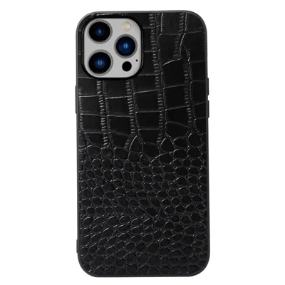 For iPhone 14 Plus 6.7 inch Anti-fall Crocodile Texture Phone Case Scratch Resistant Well Protection Phone Cover Genuine Cowhide Leather Coated PC+TPU Shell - Black