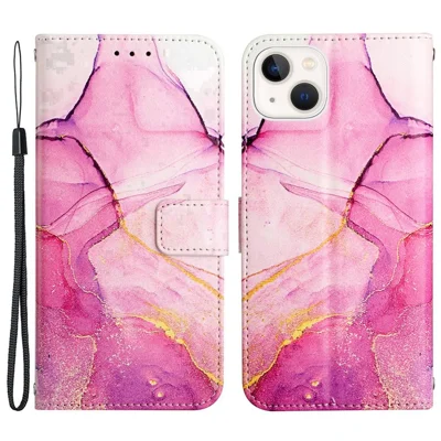 Serie YB Pattern Printing Leather-5 para iPhone 14 6.1 pulgadas Estuche billetera de piel sintética con cierre magnético, protector de teléfono con correa - Rosa/Púrpura/Dorado 001