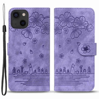 For iPhone 13 6.1 inch Shockproof Wallet Case Cherry Blossom Cat Imprinted PU Leather Stand Flip Cover with Strap - Purple