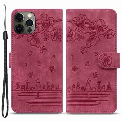 For iPhone 13 Pro 6.1 inch Shockproof Flip Case Phone Wallet Cherry Blossom Cat Imprinted PU Leather Stand Cover with Strap Card Holder - Wine Red
