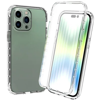 For iPhone 14 Pro 6.1 inch 3-in-1 Hybrid PC + TPU All-around Protection Cover Gradient Wear-resistant Mobile Phone Case with PET Screen Protector - Transparent