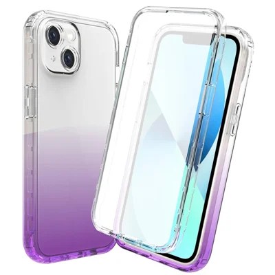 For iPhone 14 Plus 6.7 inch 3-in-1 Hybrid PC + TPU Full Body Protection Cover Gradient Scratch-resistant Phone Shell Case with PET Screen Protector - Purple