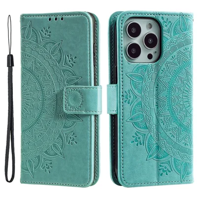 Para iPhone 14 Pro Max 6.7 polegadas Mandala Flor Padrão Impresso PU Leather Wallet Flip Cover TPU Inner Wrist Strap Folio Stand Cover - Verde