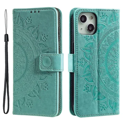 For iPhone 14 Plus 6.7 inch Wallet Case Imprinted Mandala Flower Pattern PU Leather Wrist Strap Stand Feature Flip Cover - Green