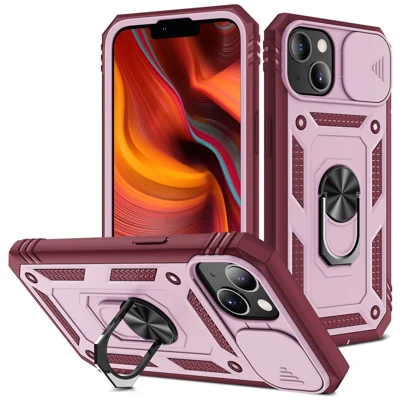 Voor iPhone 13 6,1 inch met ingebouwde standaard, schuifbare camerabescherming, kras- en valbestendige PC+TPU mobiele telefoonhoes met kaartvak - Roze/Donkerrood