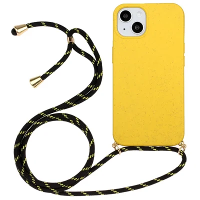 Soft TPU + Weizenkleie Hybrid Case für iPhone 14 6.1 Zoll, stoßfeste Handyhülle mit verstellbarem Lanyard - Gelb