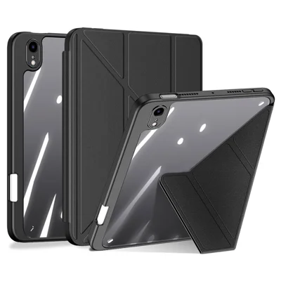 DUX DUCIS Magi защитный чехол для iPad mini (2024) / mini (2021) съемный 2-в-1 кожа+PC+TPU функция автоматического включения/выключения чехол для планшета с V-образной подставкой - черный