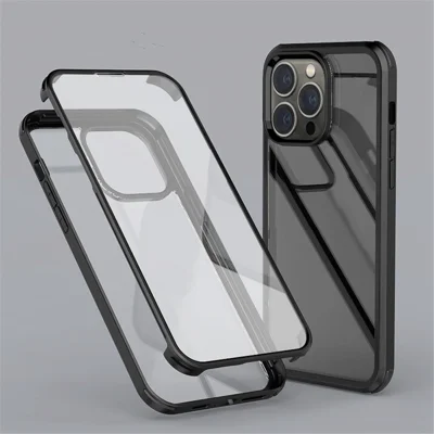 Für iPhone 14 Pro Anti-Kratzer HD Clear Phone Case Allround-Schutz Abnehmbare 2-in-1 Doppelseitige Gehärtetes Glas Handyhülle - Schwarz