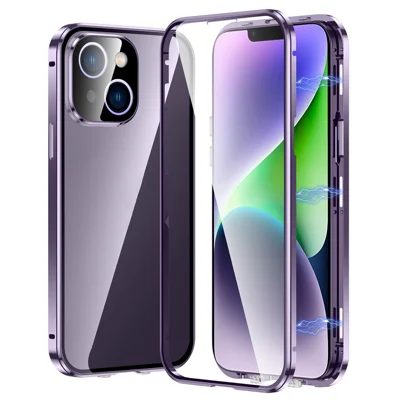 Voor iPhone 14 Krasbestendig Telefoonhoesje Volledige Bescherming Stootvast Hoesje Magnetisch Metalen Frame + Gehard Glas Telefoonhoesje met Vergrendelingsgesp - Paars