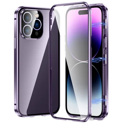 Para iPhone 14 Pro Max Capa de Telefone Proteção Completa Capa à Prova de Choque Caso Metal + Vidro Temperado Capa de Telefone Magnética com Fivela de Autobloqueio - Roxo