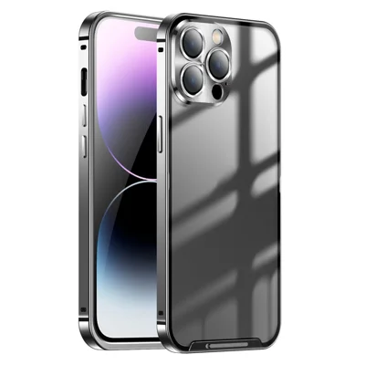 Anti-fall Phone Cover For iPhone 14 Pro Max Aluminium Alloy Bumper Frame Shockproof Matte Phone Case with Metal Camera Lens Protector - Black