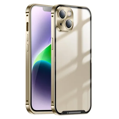 For iPhone 14 Plus Anti-fall Ultra Slim Phone Case Aluminium Alloy Bumper Frame Matte Cell Phone Protective Cover with Camera Lens Protector - Gold