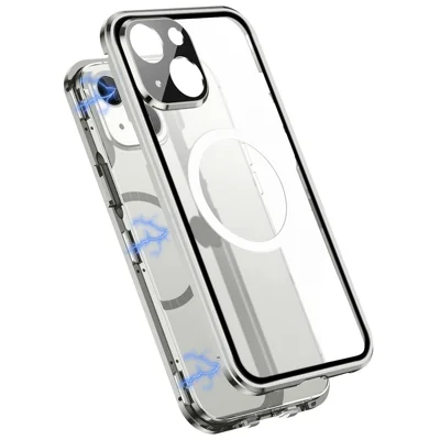 Magnetic Phone Case for iPhone 13 6.1 inch Matte PC + Metal + Tempered Glass Shockproof Case Anti-Drop Phone Cover with Lens Protector  /  Magnetic Lock - Silver