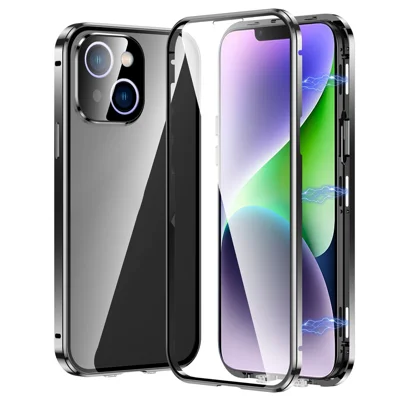For iPhone 13 6.1 inch Magnetic Double Sides Tempered Glass Phone Case Straight Edge Metal Frame Full Protection Cover with Safety Buckle - Black