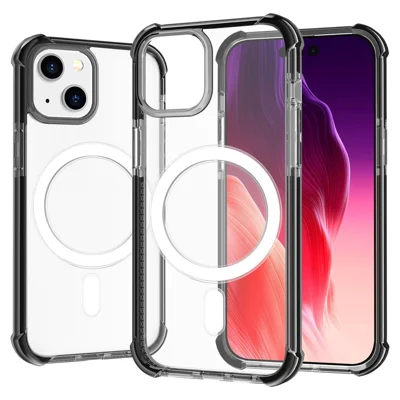 Coque de téléphone transparente pour iPhone 15, avec protection anti-chute aux quatre coins, en acrylique + TPU, compatible avec MagSafe - Noir