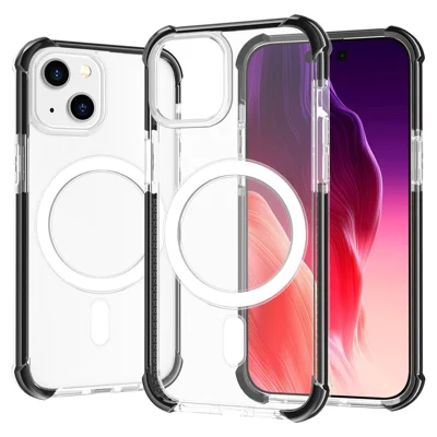 Para iPhone 15 Plus Compatible con MagSafe Funda de Teléfono Transparente Cuatro Esquinas Anti-caída Cubierta Acrílica+TPU - Transparente+Negro