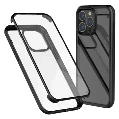 Чехол-накладка для iPhone 15 Pro Max Double-Sided Tempered Glass + Silicone Frame, защита 360 градусов, чёрный