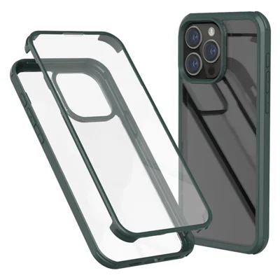 For iPhone 15 Pro Protective Slim Case Double-Sided Tempered Glass + Silicone Frame Phone Case - Midnight Green