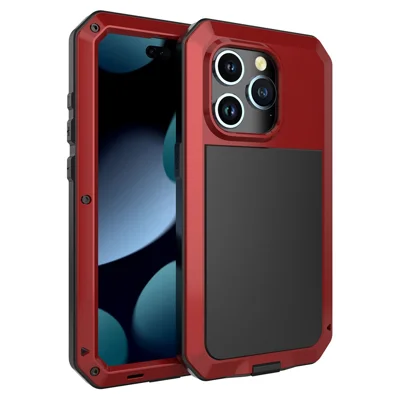 For iPhone 15 Pro Max Anti-drop Phone Case Silicone+PC+Metal Cover with Tempered Glass Film - Red