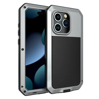 For iPhone 15 Pro Silicone+PC+Metal Phone Case Full Protection Cover with Tempered Glass Film - Silver
