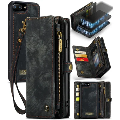 CASEME Vintage PU Leather Case pour iPhone 8 Plus / 7 Plus, 008 Series 2-en-1 PC Multi-slot Portefeuille Étui de Téléphone - Noir