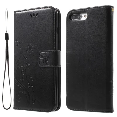 Couverture de portefeuille en cuir avec motif papillon imprimé et sangle pour iPhone 8 Plus / 7 Plus 5,5 pouces - Noir