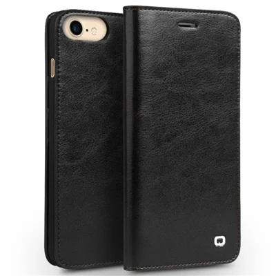 Capa de Telemóvel em Pele Genuína QIALINO para iPhone SE (2020) / SE (2022) / 8 / 7 de 4,7 polegadas com Textura Cavalo Louco, Capa Carteira - Preto