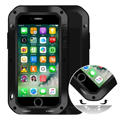 LOVE MEI مقاوم للصدمات غطاء هاتف من المعدن والمطاط مع فيلم من الزجاج المقوى لهاتف iPhone SE (2020) / SE (2022) / 8 / 7 بحجم 4.7 بوصة - أسود