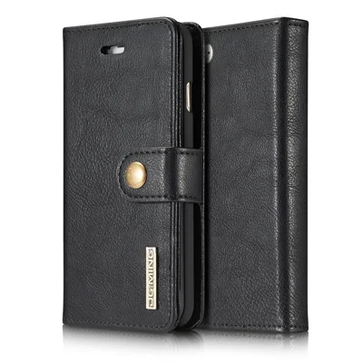 DG.MING Split Leather Wallet Cover with Detachable PC Back Shell for iPhone SE (2020) / SE (2022) / 8 / 7 - Black