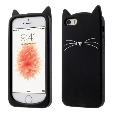 3D Baardige Kat Siliconen Zachte Telefoonhoes voor iPhone SE 5s 5 - Zwart