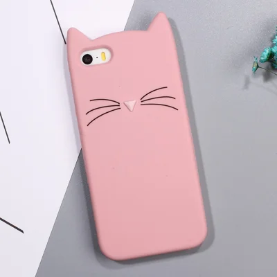 Capa de Telefone Celular de Silicone Macio com Gato Barbudo 3D para iPhone SE 5s 5 - Rosa