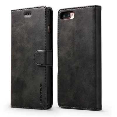 LC.IMEEKE Portefeuille en cuir avec support pour iPhone 8 Plus / 7 Plus 5,5 pouces Accessoire de téléphone portable en cuir PU texturé - Noir