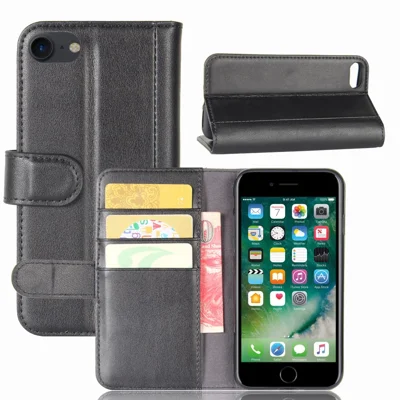 Carteira de Couro Dividido Genuíno Capa Protetora de Telefone com Suporte para iPhone SE (2020)/SE (2022)/8/7 4.7 polegadas - Preto