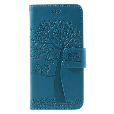 Imprint Tree Owl Magnetic Wallet PU Leather Stand Mobile Phone Cover for iPhone 7/8/SE (2020)/SE (2022) - Blue