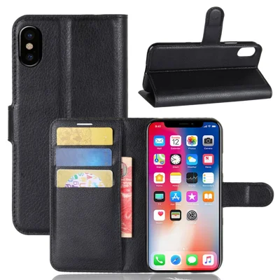 Capa de Telemóvel de Protecção com Suporte e Carteira em Pele Sintética PU com Textura de Lichia para iPhone Xs / X 5,8 polegadas - Preto