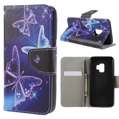 Pattern Printing Cross Texture Stand Wallet Leather Casing for Samsung Galaxy S9 G960 - Crystal Butterfly