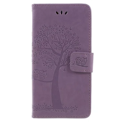 Imprint Tree Owl Wallet PU Leather Case Protector for Samsung Galaxy J6 (2018) - Light Purple