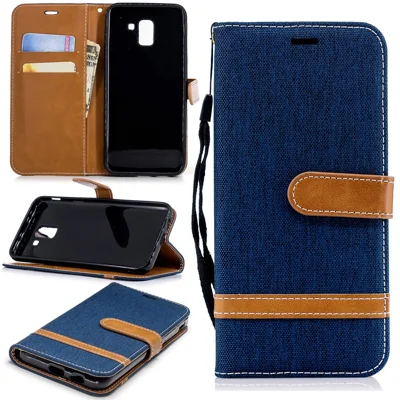 Jeans Cloth Texture Wallet Stand Leather Protective Cover Case for Samsung Galaxy J6 (2018) - Dark Blue