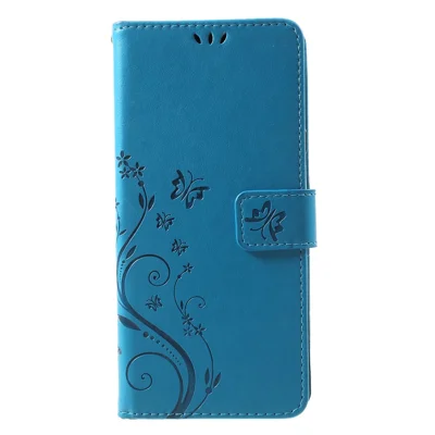 Imprint Butterfly Flower Ståndplånbok Läder Mobilskal Hölster för Samsung Galaxy Note 9 - Blå