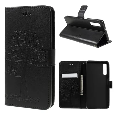 Imprint Tree Owl Magnetic Wallet PU Leather Cover with Stand for Samsung Galaxy A7 (2018) - Black