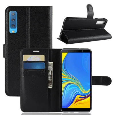 Litchi Skin PU Leather Protection Phone Shell for Samsung Galaxy A7 (2018) with Wallet Stand Design - Black