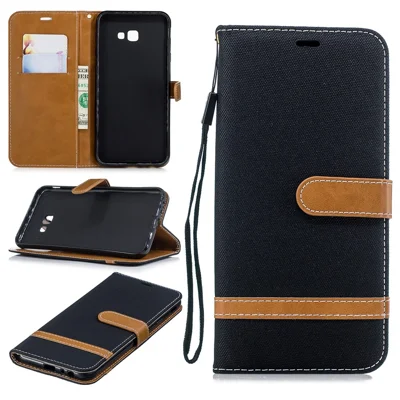Two-tone Jean Cloth Leather Wallet Stand Cellphone Case for Samsung Galaxy J4 Plus / J4 Prime - Black