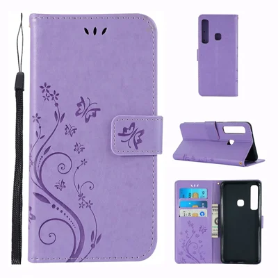 Imprint Butterfly Flower Stand Wallet Leather Cellphone Case for Samsung Galaxy A9 (2018)/A9 Star Pro/A9s - Purple