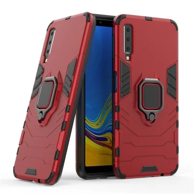 Cool Guard Ring Holder Kickstand PC TPU Hybrid Cover for Samsung Galaxy A7 (2018) - Red